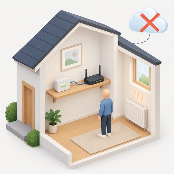 A small home automation hub box on an interior shelf, connected by a network cable to a router, with a simplified isometric figure nearby, shown running heating schedules locally while a crossed-out cloud icon outside the home indicates no internet connection is needed.