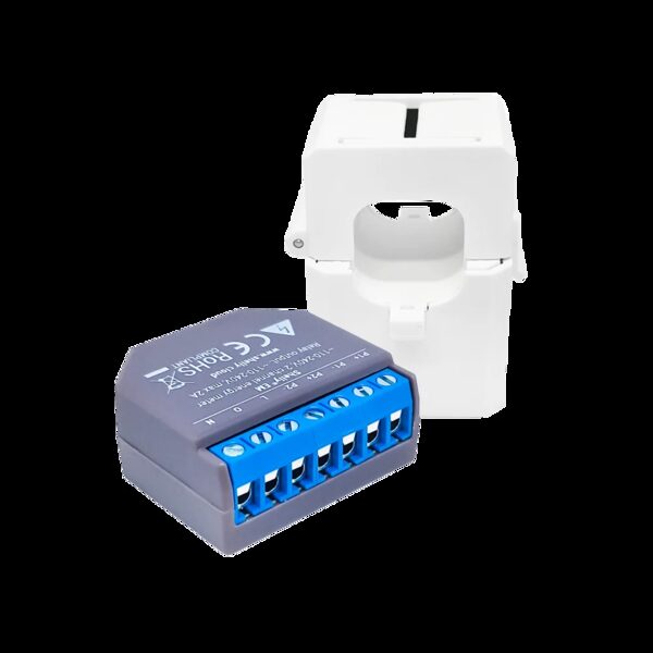 A Shelly EM smart energy meter module with its blue terminal block and a white 120A clamp current transformer beside it