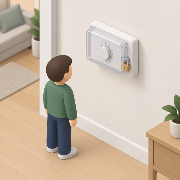 A wall-mounted room thermostat on an interior home wall, its set point fixed at a commissioned limit, with a small isometric householder standing before it looking at controls that are sealed behind a locked or tamper-proof cover so they cannot be overridden.