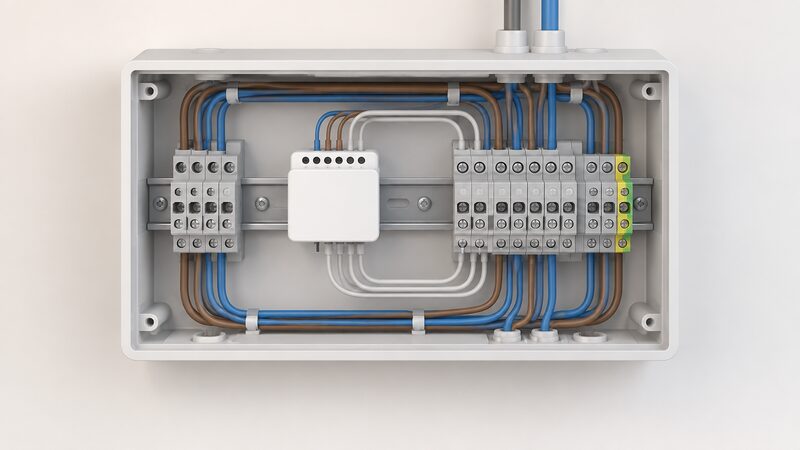 An open heating wiring centre with a small white Shelly relay module clipped to the DIN rail beside the boiler control wiring, its low-voltage control connections running to the boiler circuit terminals, shown as a simple cutaway with no person.