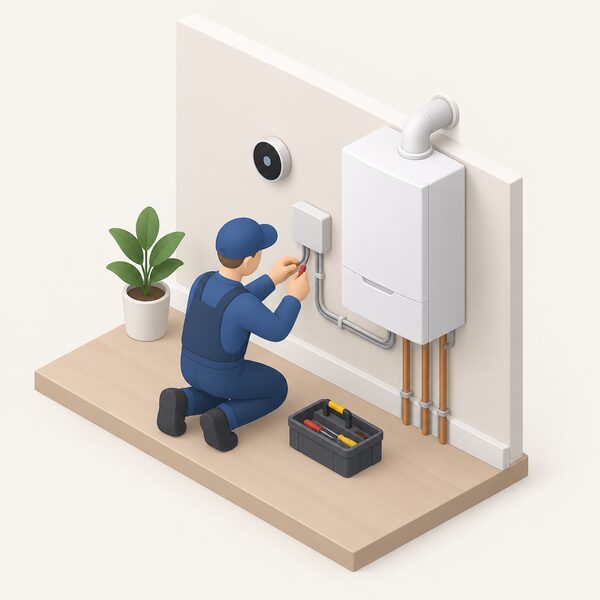 A trained engineer, shown as a small simplified isometric figure, kneels beside a wall-mounted boiler in a home, wiring a small receiver box connected to the boiler while a smart thermostat sits nearby, showing the wired element many smart systems include.