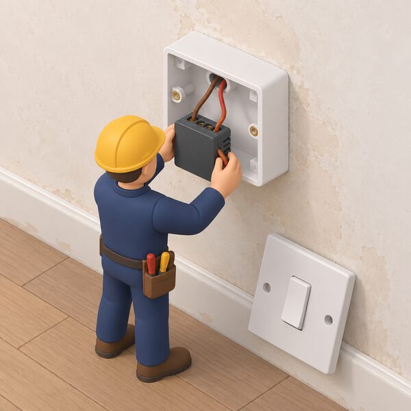 A small isometric figure of an electrician fitting a compact universal dimmer module into a surface-mounted wall switch back box on a plastered wall of an older home, with the switch faceplate removed and two wires connected to the module terminals, no neutral conductor present.