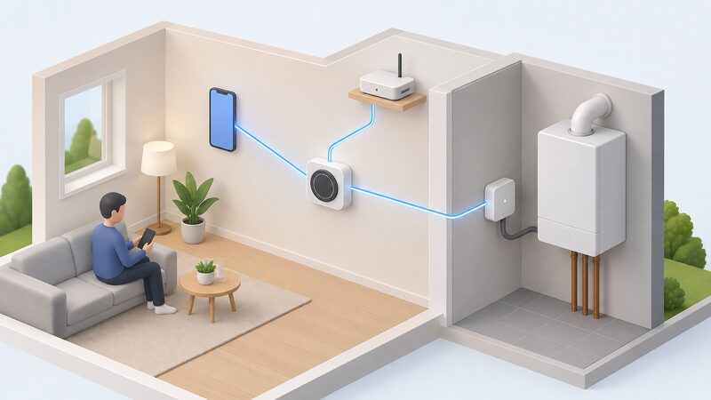 A simplified isometric diagram of a Matter-compatible wall thermostat linked by plain connection lines to a smartphone, a small hub and a boiler receiver mounted near a wall-mounted boiler, showing the devices working together over one shared network.