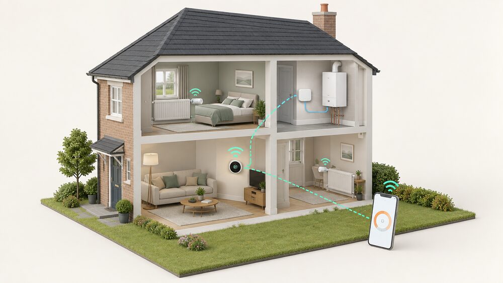 A cutaway house showing a smart thermostat on a living room wall, a hub or receiver wired to the boiler, smart radiator valves on radiators in two rooms, and a phone controlling the heating over wifi.