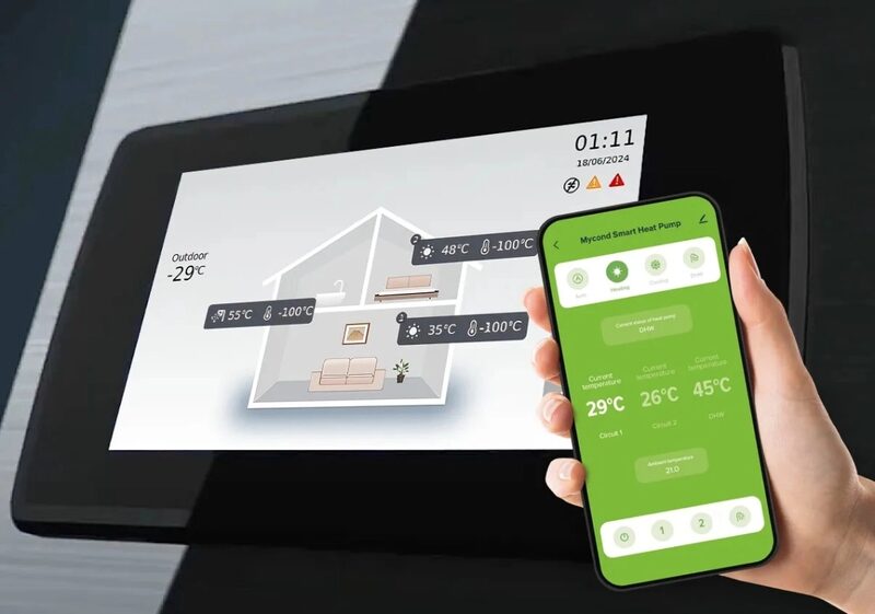 A hand holding a smartphone running the Mycond Smart Heat Pump app next to a wall-mounted smart thermostat displaying a house diagram with room temperatures