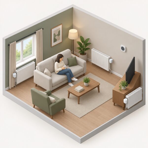 A cutaway living-room view showing a wall-mounted room thermostat on one wall and several smart radiator valves fitted on radiators around the same room, representing the typical home heating setup that sits far inside Zigbee's network limits.