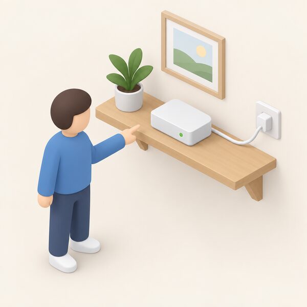 A small heating control hub sitting on an indoor shelf, shown as a simple box with a plain indicator light, connected by a short cable to power, with a simplified isometric figure nearby pointing at it to show it holds and runs the heating schedule locally when the internet is down.