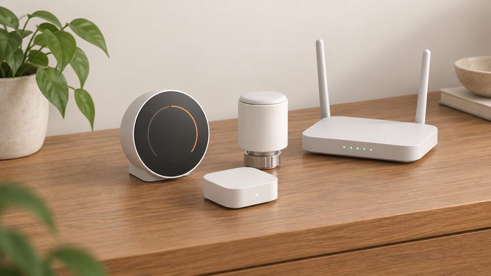 A small tabletop arrangement showing a smart thermostat, a smart radiator valve and a small hub sitting together on a wooden table beside a home Wi-Fi router, all unbranded and plain, representing the heating control devices the protocols connect.