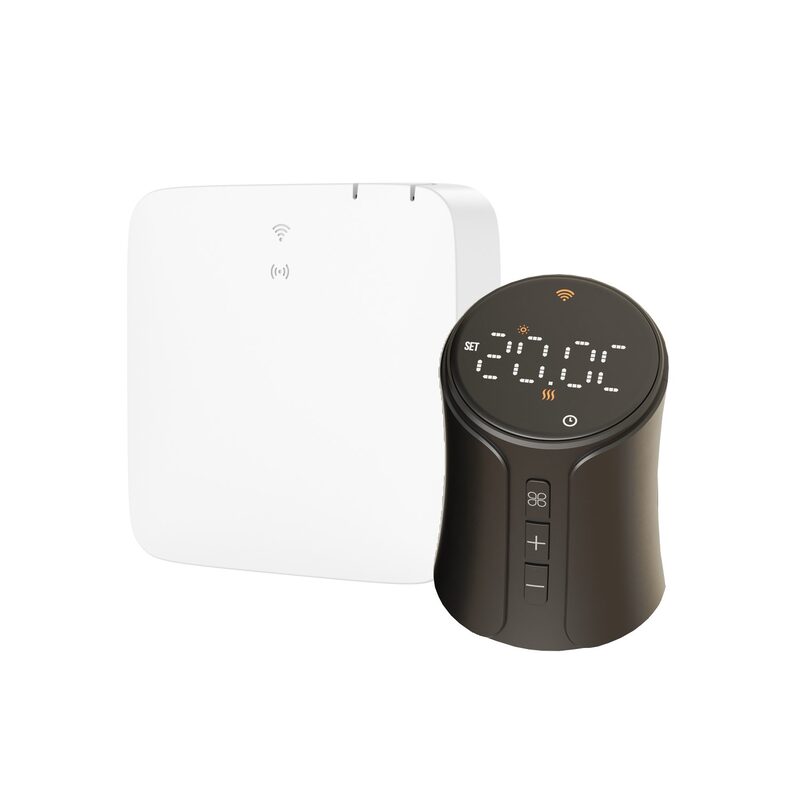 A white smart radiator valve with a digital display set to 18 degrees fitted on a radiator's pipe connection