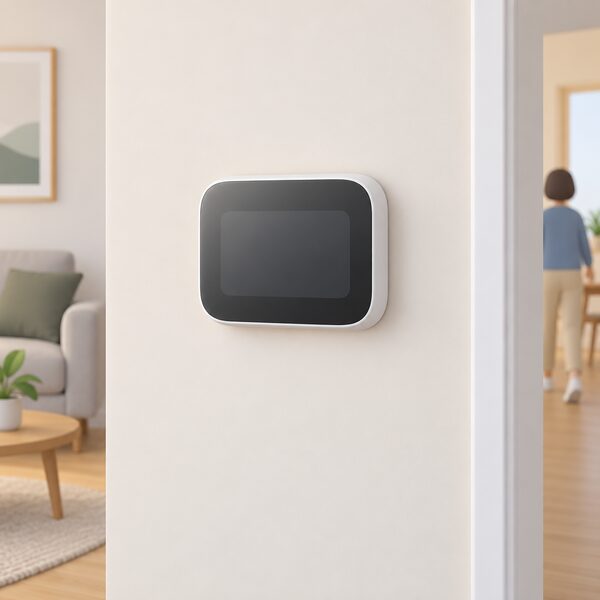 A simple unbranded smart thermostat mounted on an interior wall of a home at eye level, drawn as a plain rounded rectangular device with a blank display panel, with no wiring or other equipment visible.