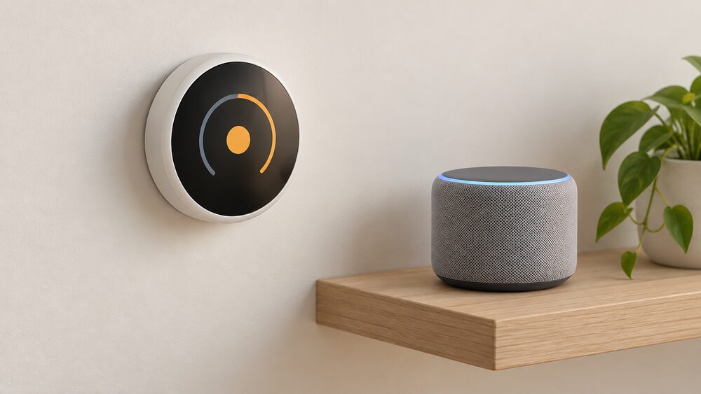 A close-up of a smart thermostat mounted on an interior wall, with a small cylindrical smart speaker on a shelf beside it, both plain and unbranded, shown as the two devices that meet through voice control.
