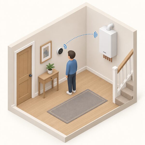 A small isometric figure stands in a home hallway looking at a smart thermostat mounted on the indoor wall, with a wireless link shown to a gas combi boiler mounted on the wall in the same room nearby, no cylinder present.