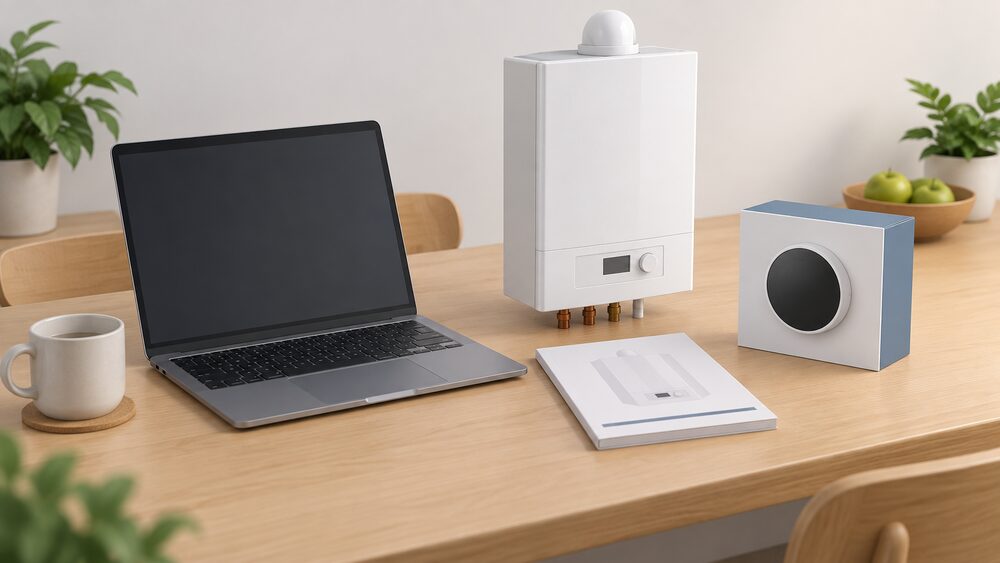 A small tabletop arrangement showing the moment of checking compatibility before purchase: a blank-screen laptop open beside a closed boiler instruction manual, a small model of a wall-hung combi boiler, and a boxed smart thermostat with a simple round dial, all on a kitchen table.