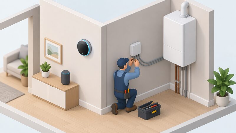 A wall-mounted smart thermostat on an interior wall with a small receiver box beside it, wired to the adjacent wall-mounted boiler, with a simplified isometric figure of a trained professional connecting the receiver wiring.