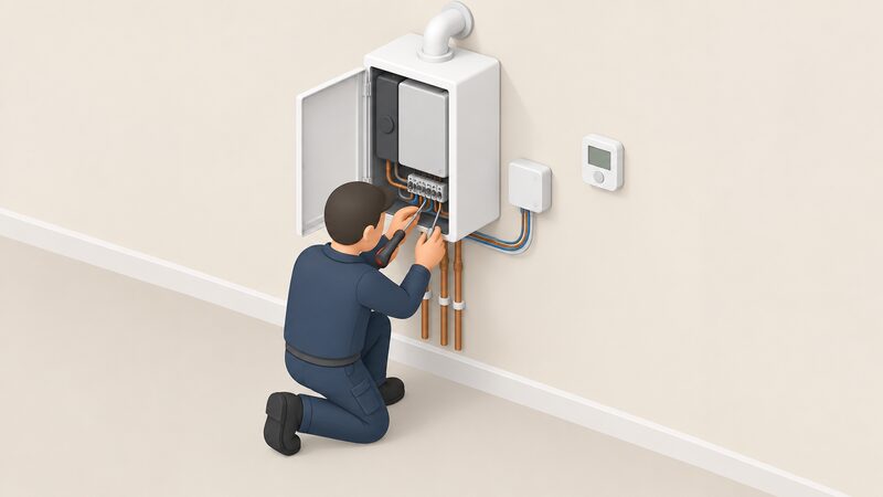 A heating engineer kneels beside a wall-mounted boiler with its front panel open, wiring a small receiver box connected to the boiler's control connections, with a screwdriver in hand and the wireless thermostat visible on the wall nearby.
