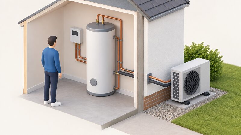 A cutaway home corner showing a hot water cylinder indoors with a solar thermal controller mounted beside it, connected by pipes through the wall to a heat pump outdoor unit outside, illustrating both systems sharing one hot water store.