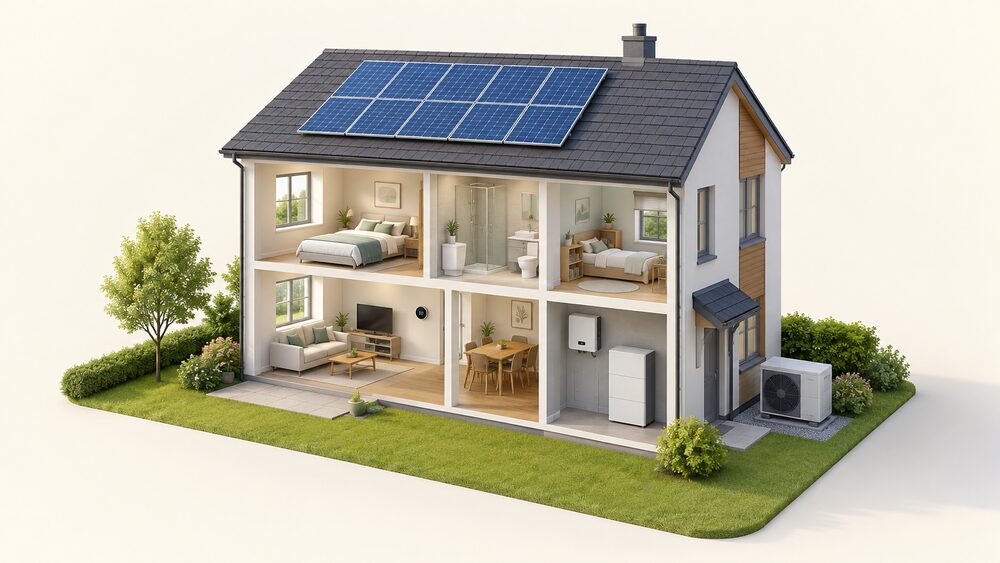 A cutaway house on a sunny day with solar panels on the roof, an air source heat pump fan unit standing outside on the ground, an inverter and a home battery inside in a utility space, and a smart thermostat on an interior wall.