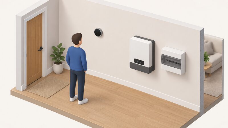 A simplified isometric interior wall showing a smart thermostat mounted at room height on the heating side, with a solar inverter and a consumer unit mounted lower on the same wall on the generation side, each clearly separate with no wiring drawn between the thermostat and the solar equipment.