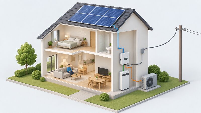 A cutaway house scene showing roof-mounted solar panels connected by a cable down the wall to an inverter and battery unit inside, which links to an outdoor heat pump unit beside the house, with a grid connection cable also reaching the house.