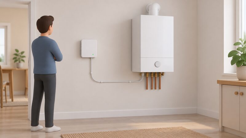 A small wall-mounted internet gateway box on an indoor wall, with a low-voltage cable running down and across to the nearby wall-mounted boiler it controls, shown in a plain home interior.