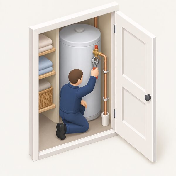 A qualified engineer, shown as a small simplified isometric figure, kneels beside a domestic hot water cylinder in an airing cupboard and carries out the annual safety valve check, with the valve and its discharge pipe clearly the focus of the work.