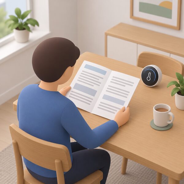 A printed terms and conditions document lying open on a household table beside a smart thermostat, with a simplified figure reading it, blank lines and plain colour blocks standing in for the clause text so no words are legible.