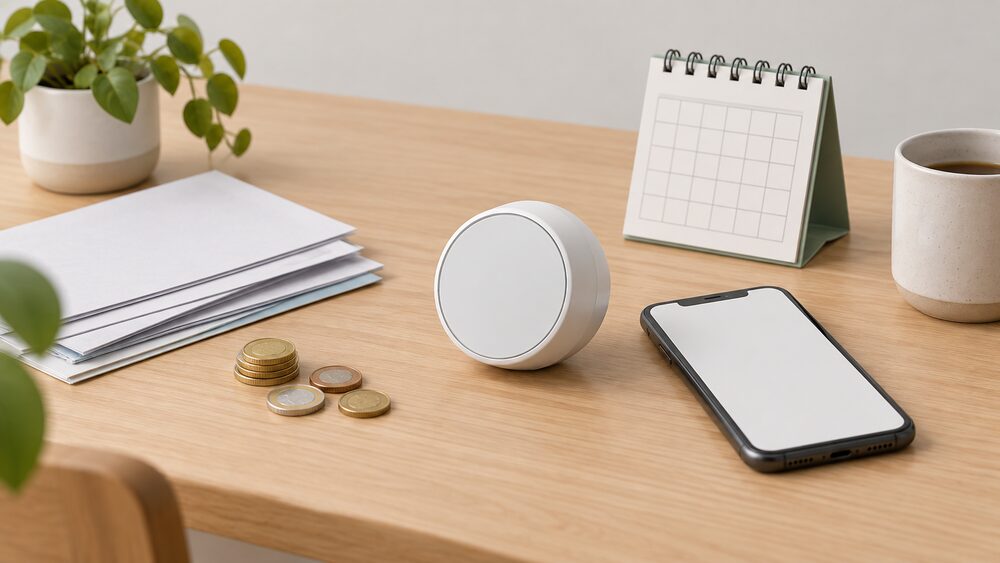 A small white smart thermostat with a blank round display lies on a kitchen table beside a smartphone showing a blank screen, a short stack of blank paperwork, a small calendar and a few loose coins, suggesting a recurring payment decision about heating control.