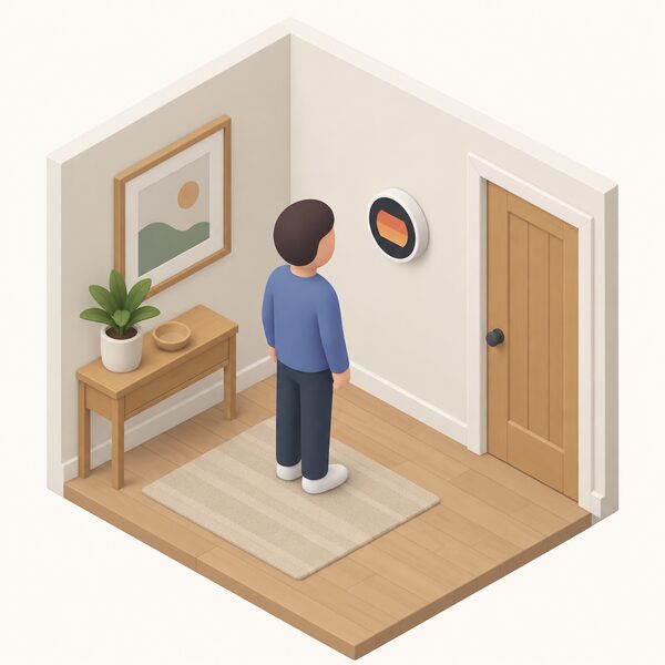 A small simplified isometric figure stands in a home room looking at a smart thermostat mounted on the interior wall, the device shown as a simple rounded unit with a plain colour display band suggesting the room temperature and no readable words or numbers.