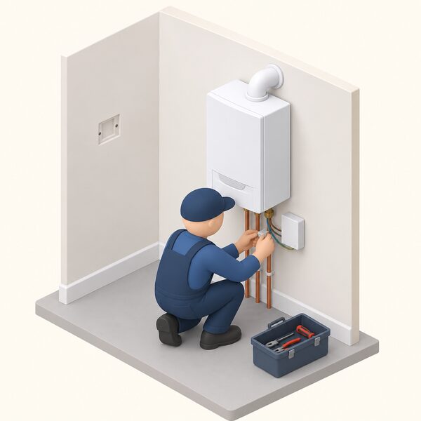 A small isometric installer figure crouched beside a wall-mounted boiler, wiring a compact receiver box into the boiler's connection point, with the old thermostat position shown elsewhere on the wall left empty to show the receiver sits at the boiler rather than there.