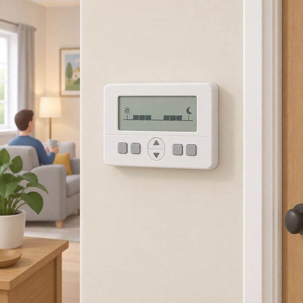 A traditional heating programmer mounted on an interior wall of a home, drawn as a simple rectangular wall device with a plain display and control buttons, with no phone, app, account or Wi-Fi anywhere in the scene, showing that the schedule lives on the wall device itself.