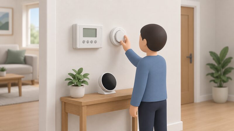 An interior wall showing a traditional wall-mounted programmer next to a round room thermostat, with a smart thermostat resting on a small stand nearby, a simplified figure reaching to adjust one of the units.