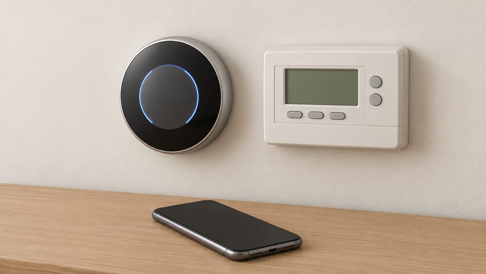 A close-up of a wall-mounted smart thermostat, a small rounded digital control unit, with a plain older programmer box mounted beside it on the same interior wall and a smartphone with a blank screen resting below, nothing else in view.