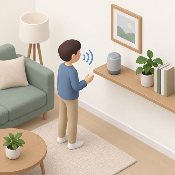 A small smart speaker standing on a living room shelf in a home, with a simplified isometric figure nearby speaking toward it, showing the everyday device through which voice control of heating is done.