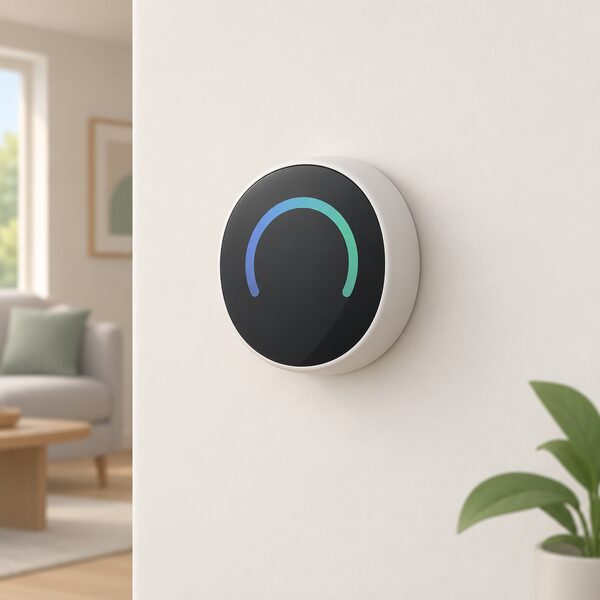 A small modern smart thermostat mounted on a plain interior wall of a home, shown as a simple rounded device with a plain display screen, with no wiring or other equipment visible, representing the product a household buys for around £100 to £200.