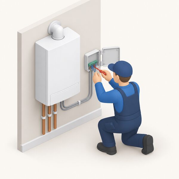 A simplified isometric figure of a trained professional kneeling beside a wall-mounted domestic boiler, wiring a small receiver box connected to it, with the open receiver cover and low-voltage cable runs between the two shown clearly.