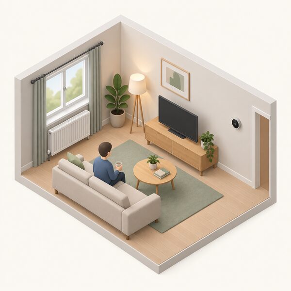 A small isometric living room with a smart thermostat mounted on an interior wall away from the radiator and window, showing clear space between the thermostat and both heat sources so its placement looks consistent-temperature.