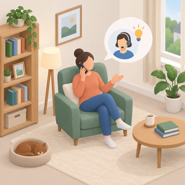 A householder at home sitting in a chair with a phone held to their ear, taking free expert energy advice through the Nest helpline, with a simple house interior around them and no equipment being installed.
