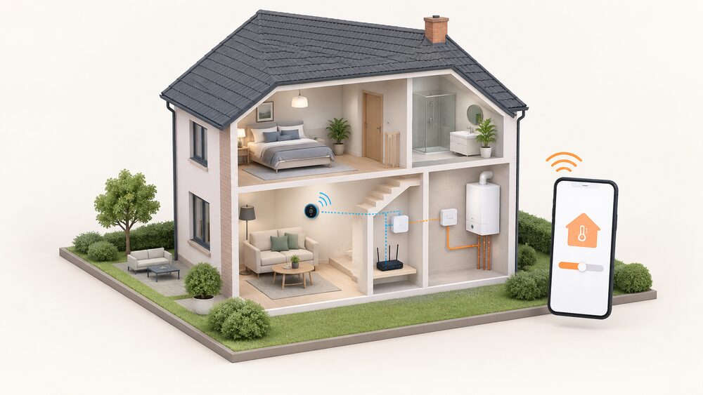 A cutaway house showing a smart thermostat on the living room wall, a receiver wired to the boiler, and a hub connected to the broadband router, with a smartphone controlling the heating.