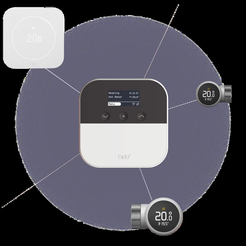 A bedroom wall with a radiator fitted with a new smart thermostatic radiator valve head, and a small wireless smart thermostat mounted on the nearby wall, shown together in one room to illustrate room-by-room zoning.