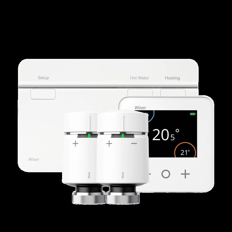 A Wiser smart heating kit: a white controller, a room thermostat showing 20.5°C, and two thermostatic radiator valve heads