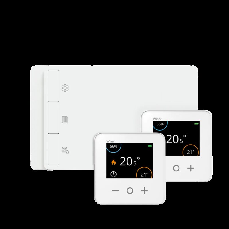 A Drayton Wiser 3-channel smart thermostat kit with two white thermostat controllers and a receiver unit on a white background