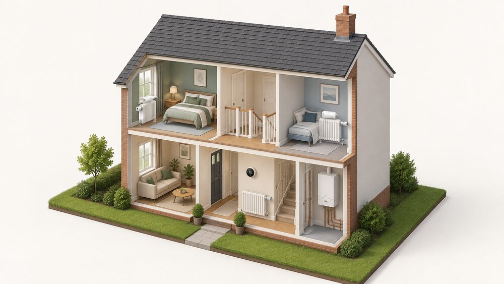 A cutaway two-storey house showing a smart thermostat on the hallway wall, a radiator with a manual valve in that same hallway, and smart TRV heads on radiators in the upstairs bedrooms, with the boiler connected to the radiators.