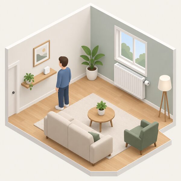 A small standalone room sensor standing on a wooden shelf in the middle of a simply furnished room, well away from a radiator on the far wall, with a simplified isometric figure nearby to show the sensor taking the room's reference temperature rather than the valve's.