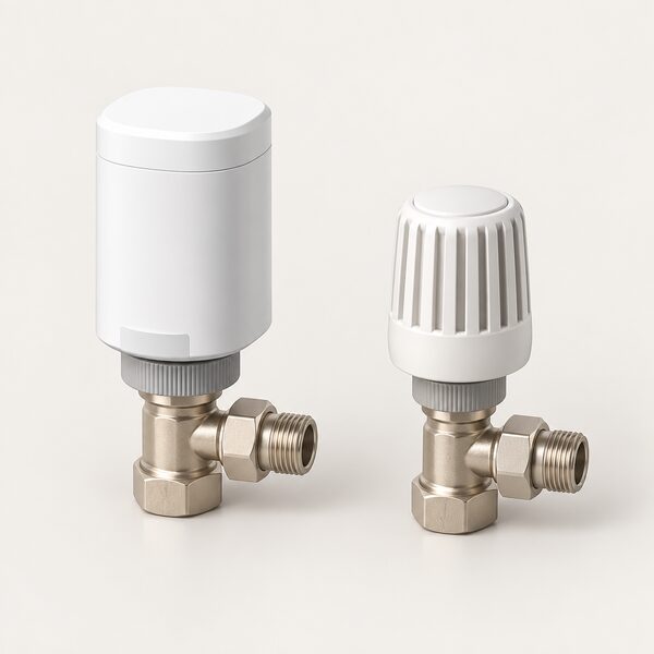 A smart radiator valve with a small motor head standing beside a traditional thermostatic radiator valve with a plain dial, both shown side by side on a plain surface to contrast the two types, with no prices or text shown.