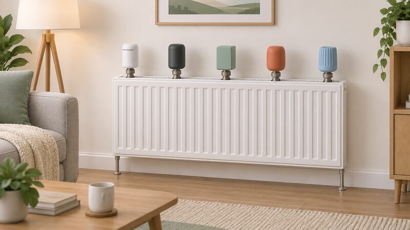 Five differently styled smart TRV heads mounted in a row on the valves along the top of one radiator in a plain UK living room, each head a distinct simple shape and colour so the brands read as different, with no logos or text.