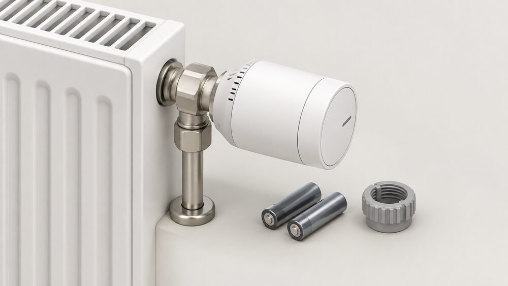 A close-up of a single radiator with a smart thermostatic valve head screwed onto the existing valve body, a small battery pack and a threaded adapter lying beside it, with no wiring anywhere.