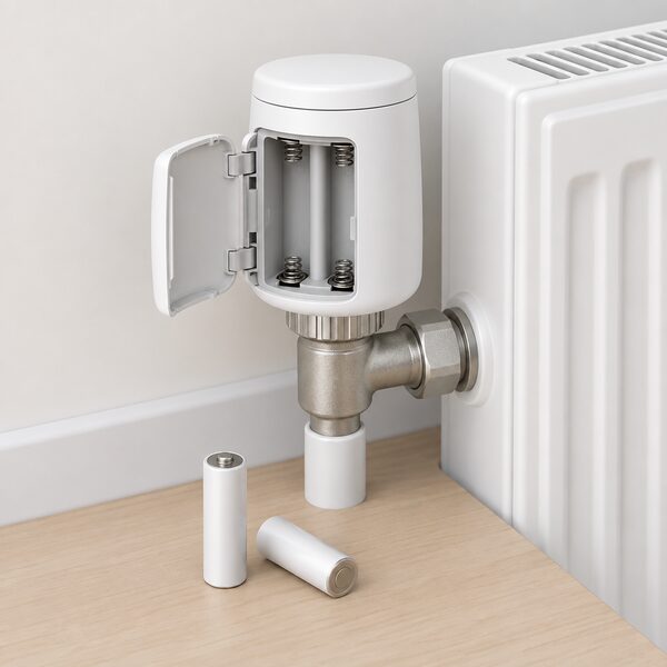 A generic smart radiator valve head mounted on a radiator valve body, with its battery compartment open and two AA alkaline cells lying beside it on the floor, one cell showing its plain positive terminal facing up.