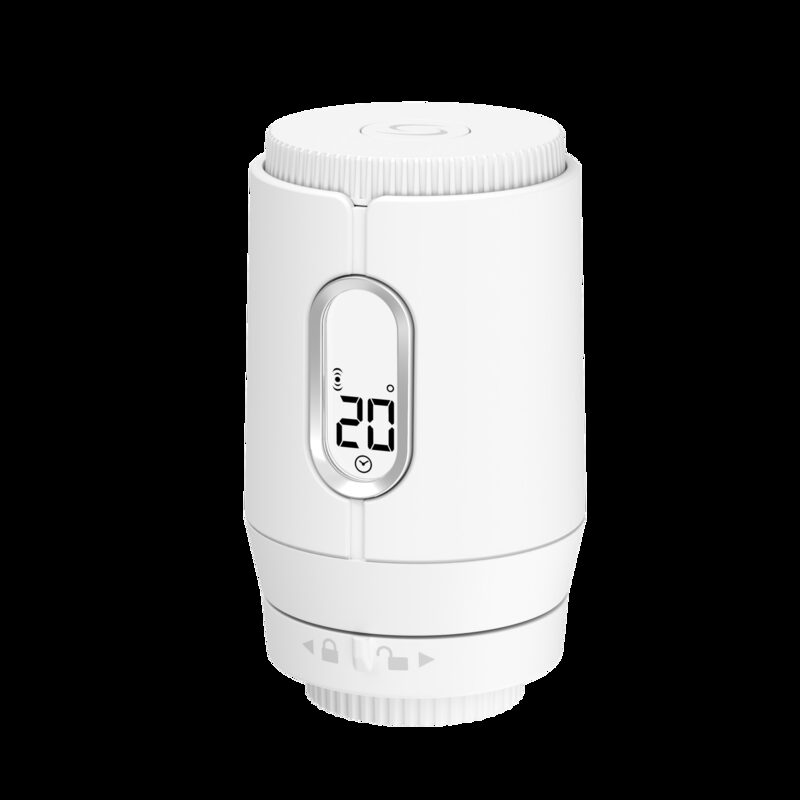 A white SALUS smart thermostatic radiator valve head with a digital display showing 20 degrees