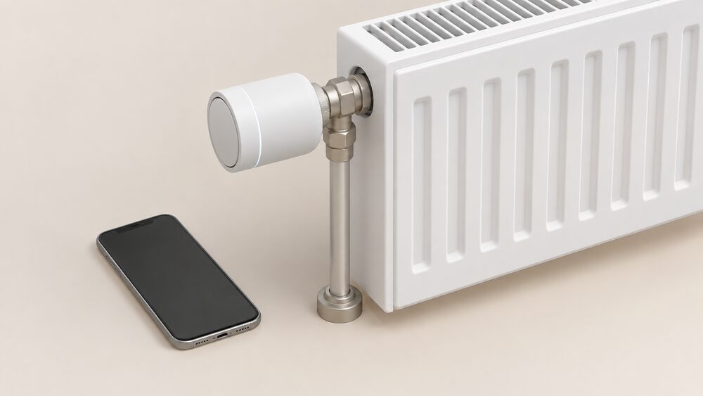 A close-up of a single radiator with an electronic smart thermostatic radiator valve head fitted on the valve body at one end, replacing the old twist dial, with a smartphone showing a blank screen resting nearby and the pipework and valve body left untouched.