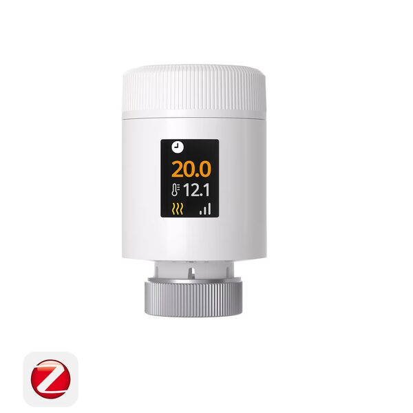 A white Sonoff Zigbee thermostatic radiator valve head with a digital display showing set and room temperatures, on a plain background